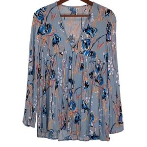 Free People Bella Tunic Top Blouse Blue Floral Long Sleeve Fairy Boho Hippie XS